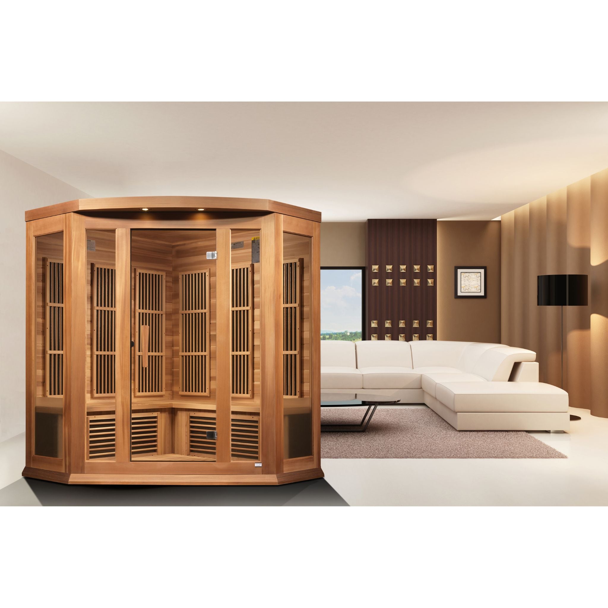 Maxxus 3 Person Corner Low EMF FAR Infrared Sauna – Canadian Red Cedar