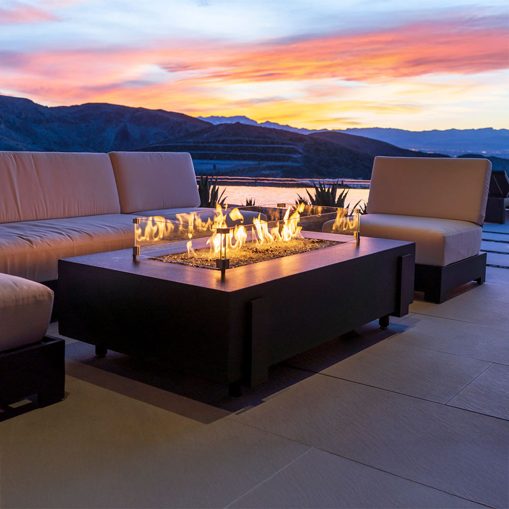 American Fyre Designs - Iron Saddle 60-Inch Rectangular GFRC Chat Height Gas Fire Table
