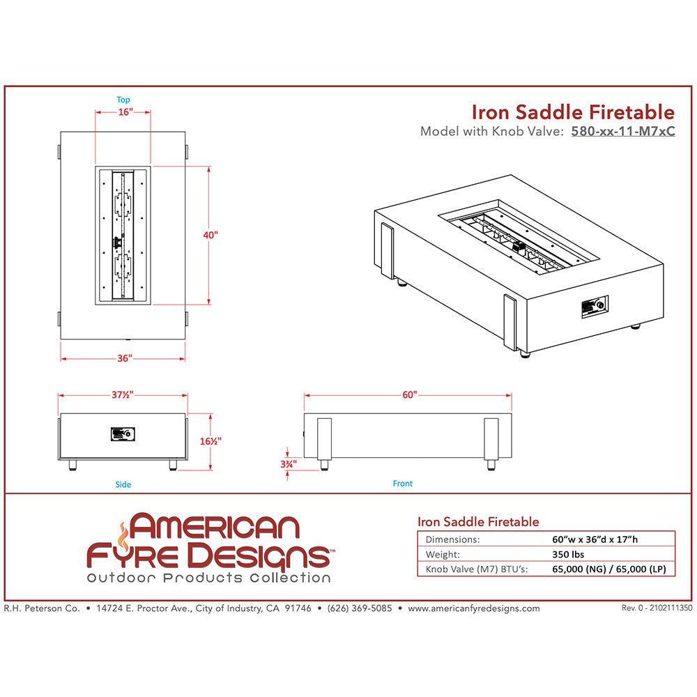 American Fyre Designs - Iron Saddle 60-Inch Rectangular GFRC Chat Height Gas Fire Table