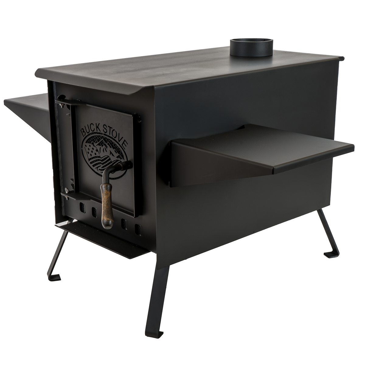 Buck Stove Model Big Buck Black Wood Burning Campstove With Legs, Shelves, and 4" Collar