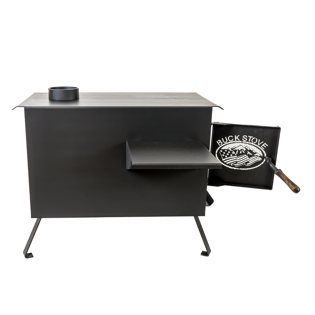 Buck Stove Model Big Buck Black Wood Burning Campstove With Legs, Shelves, and 4" Collar