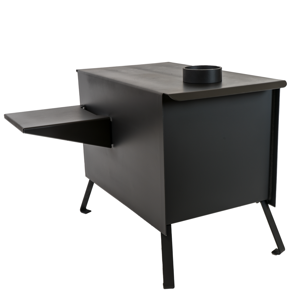 Buck Stove Model Big Buck Black Wood Burning Campstove With Legs, Shelves, and 4" Collar