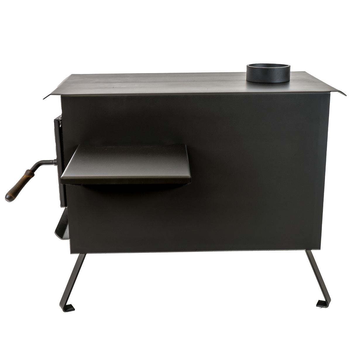 Buck Stove Model Big Buck Black Wood Burning Campstove With Legs, Shelves, and 4" Collar