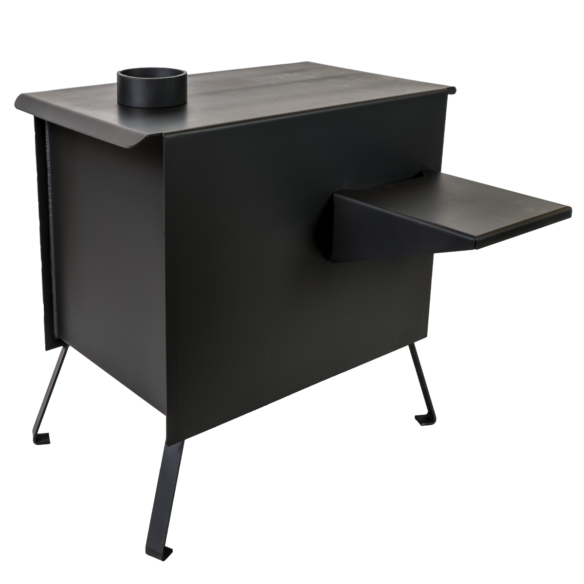 Buck Stove Model Big Buck Black Wood Burning Campstove With Legs, Shelves, and 4" Collar