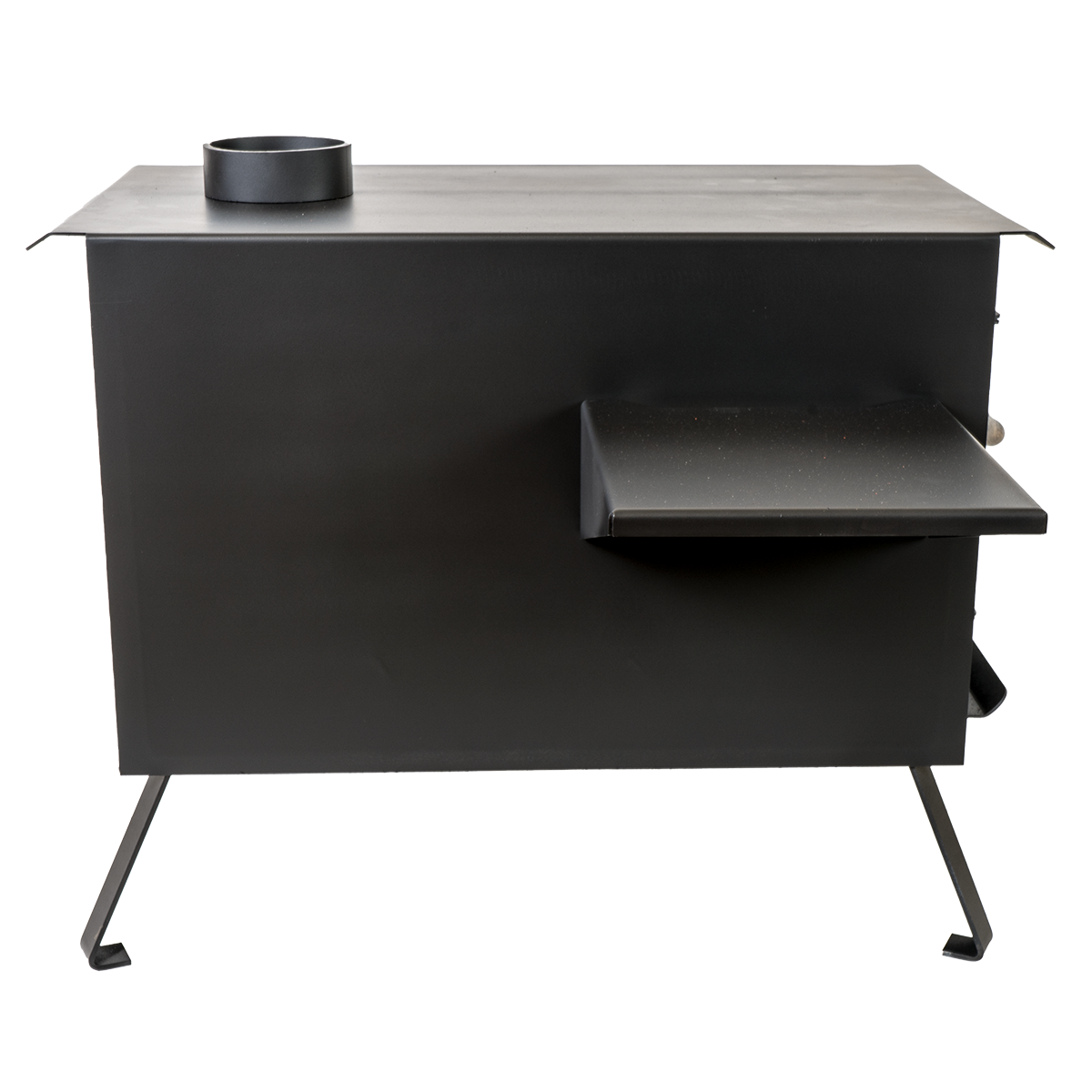 Buck Stove Model Big Buck Black Wood Burning Campstove With Legs, Shelves, and 4" Collar
