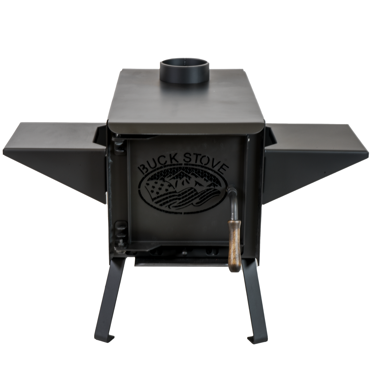 Buck Stove Model Big Buck Black Wood Burning Campstove With Legs, Shelves, and 4" Collar