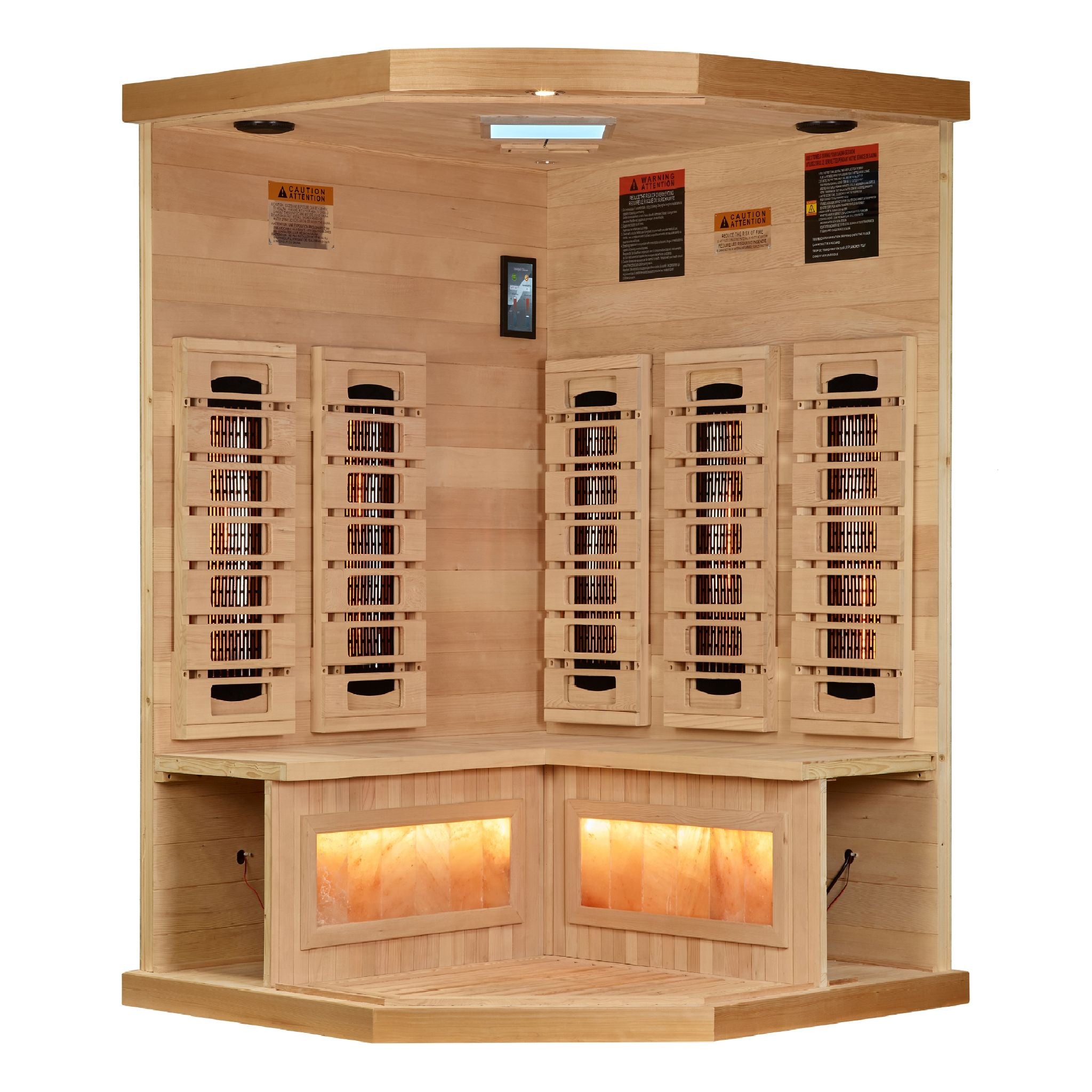 Golden Designs 3-Person Corner Full Spectrum Near Zero EMF Sauna with Himalayan Salt Bar – Canadian Hemlock
