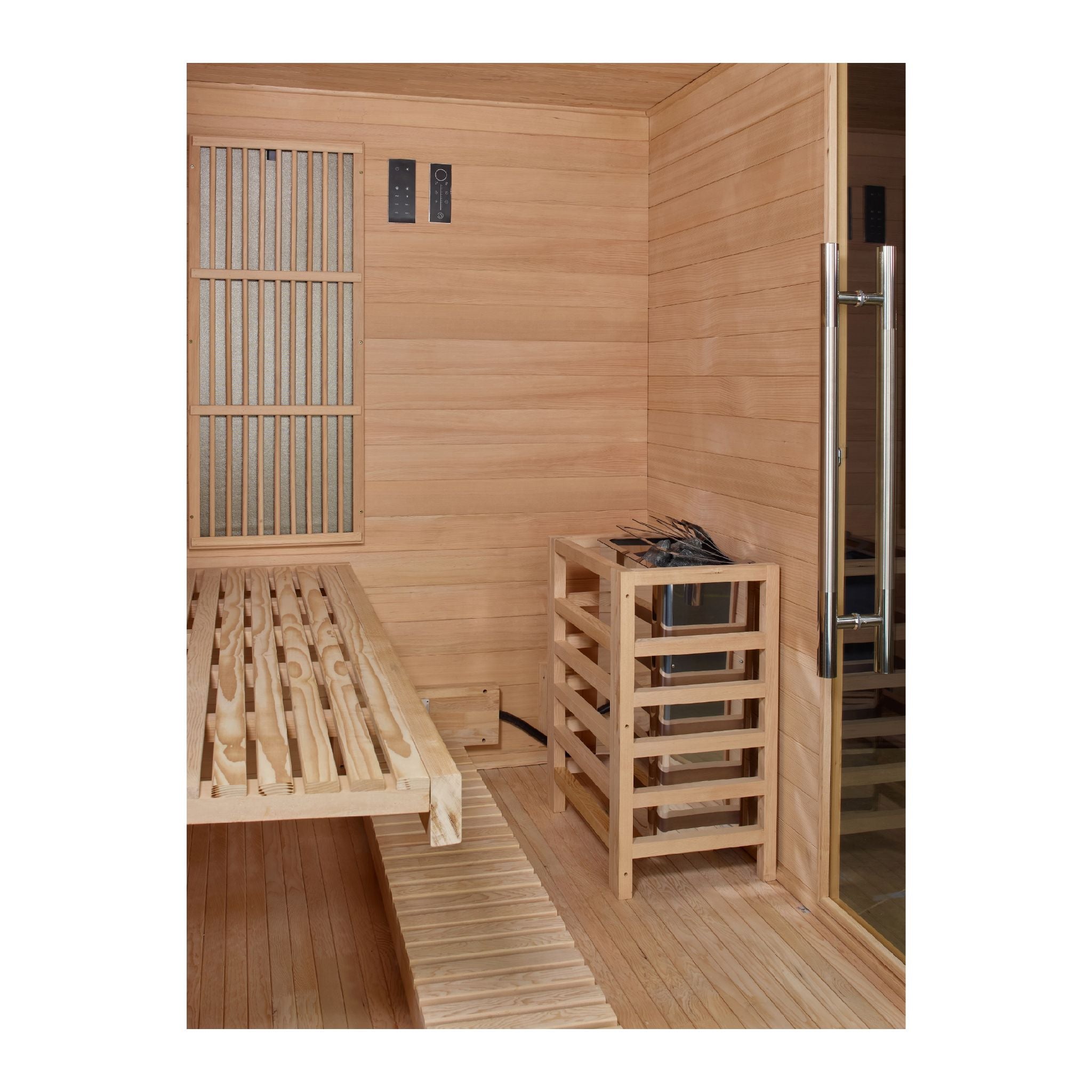 Golden Designs 2025 Soria 3-Person Hybrid Sauna – Full Spectrum & Harvia Stove (Canadian Hemlock)