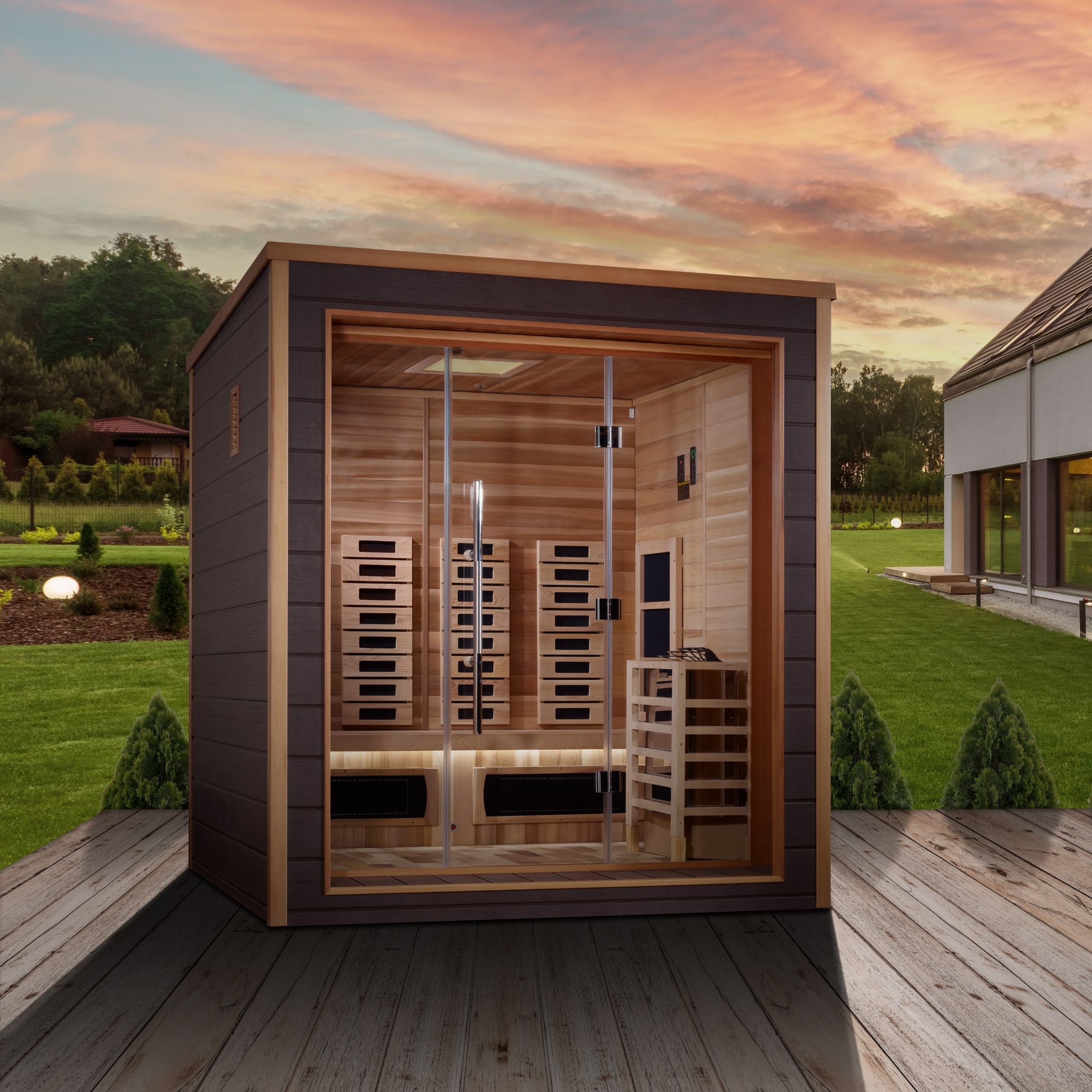 Golden Designs Visby 3-Person Outdoor Hybrid Sauna – Canadian Red Cedar Interior