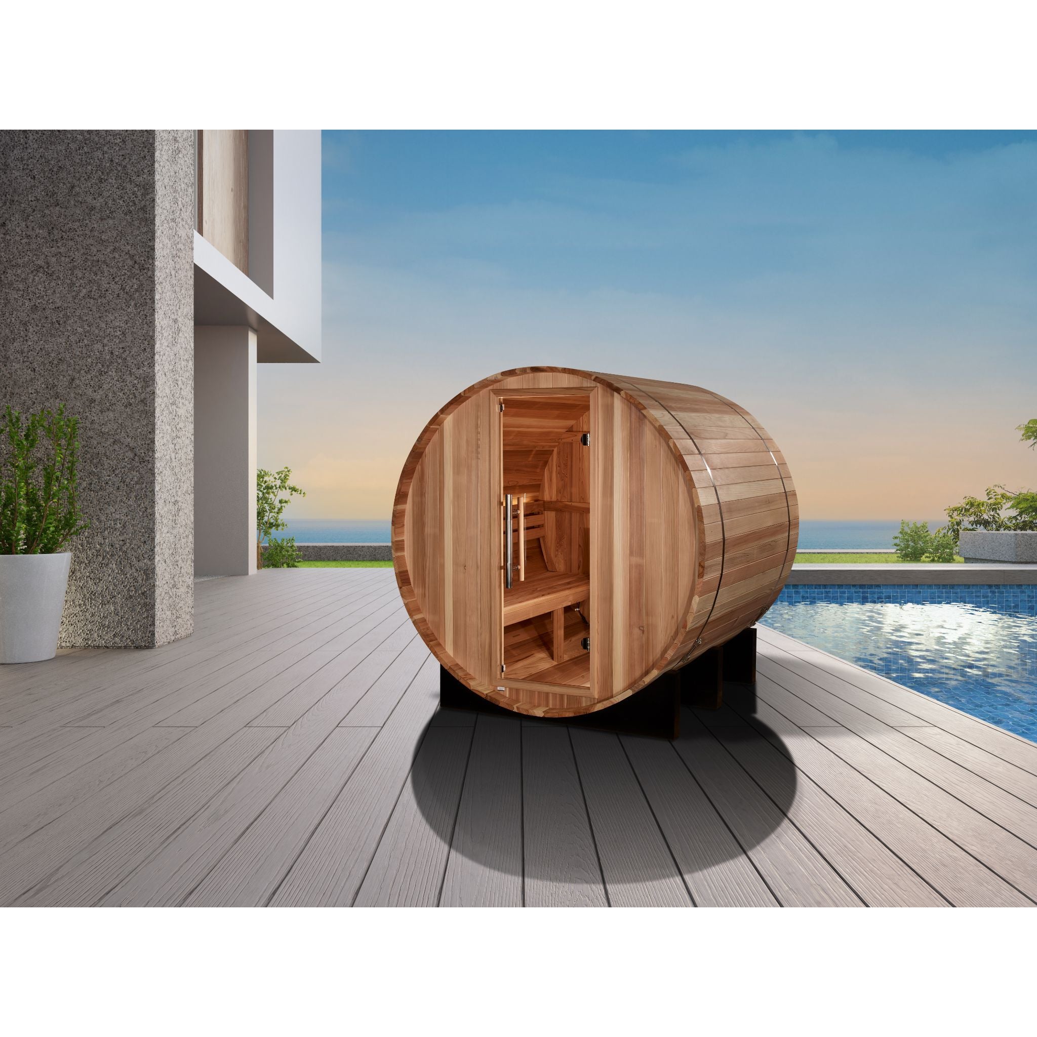 Golden Designs "St. Moritz" 2-Person Barrel Traditional Sauna – Pacific Cedar