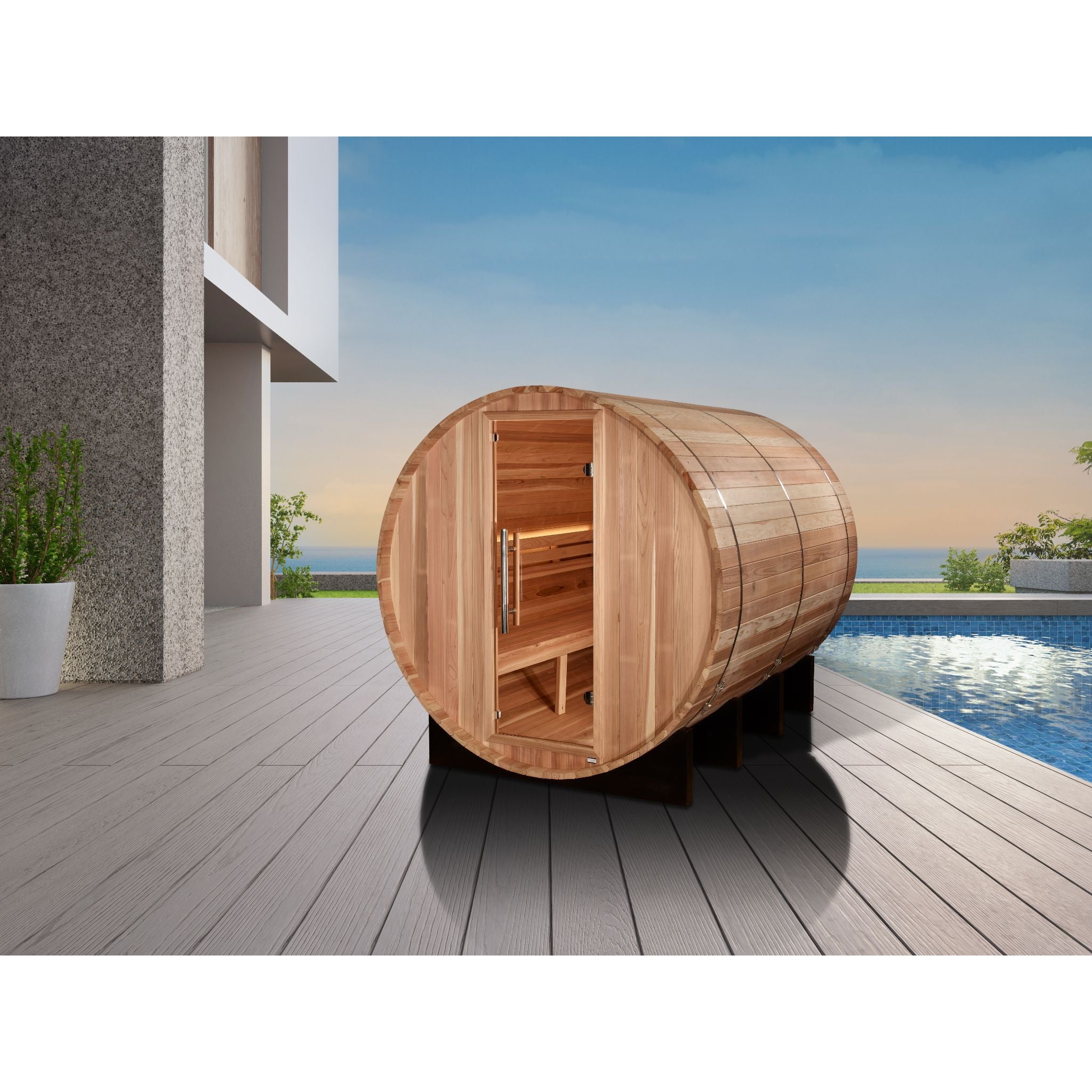 Golden Designs "Klosters" 6-Person Barrel Traditional Sauna – Pacific Cedar