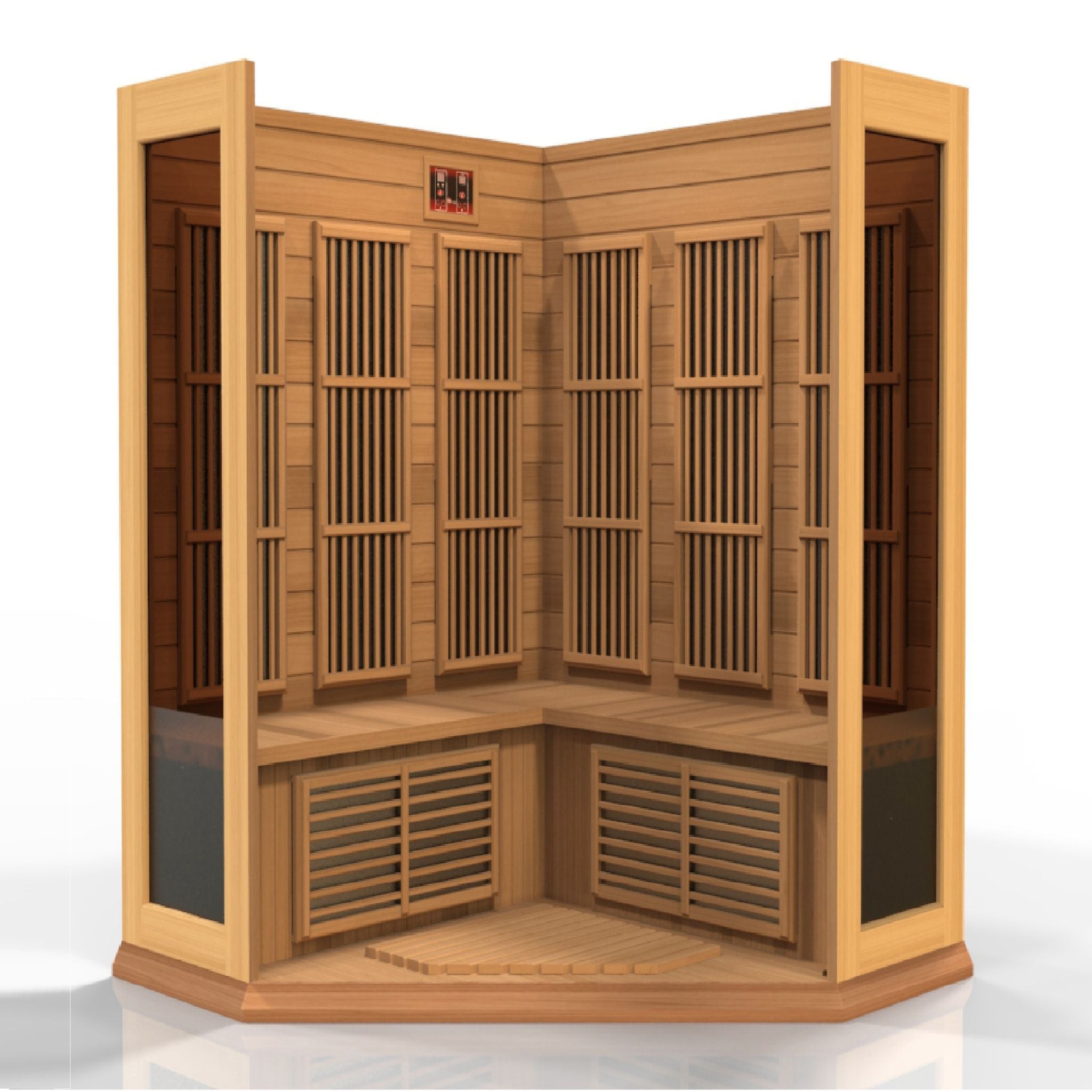 Maxxus 3 Person Corner Low EMF FAR Infrared Sauna – Canadian Red Cedar
