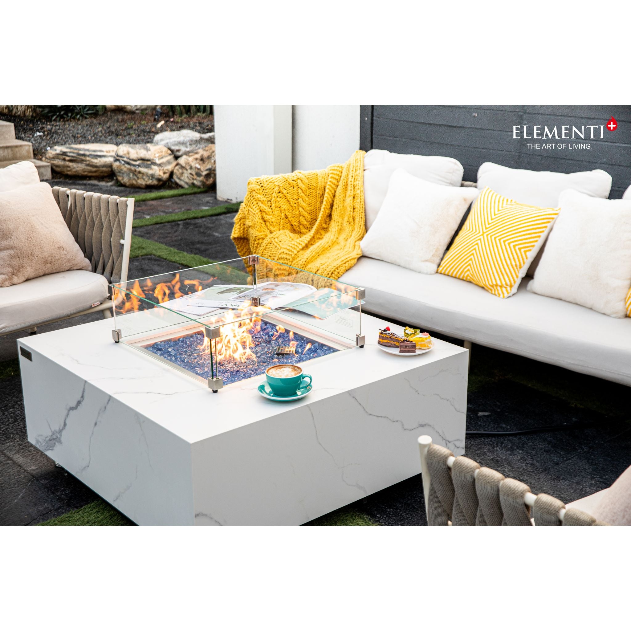 Bianco 40” Marble Porcelain Fire Table - Bianco White
